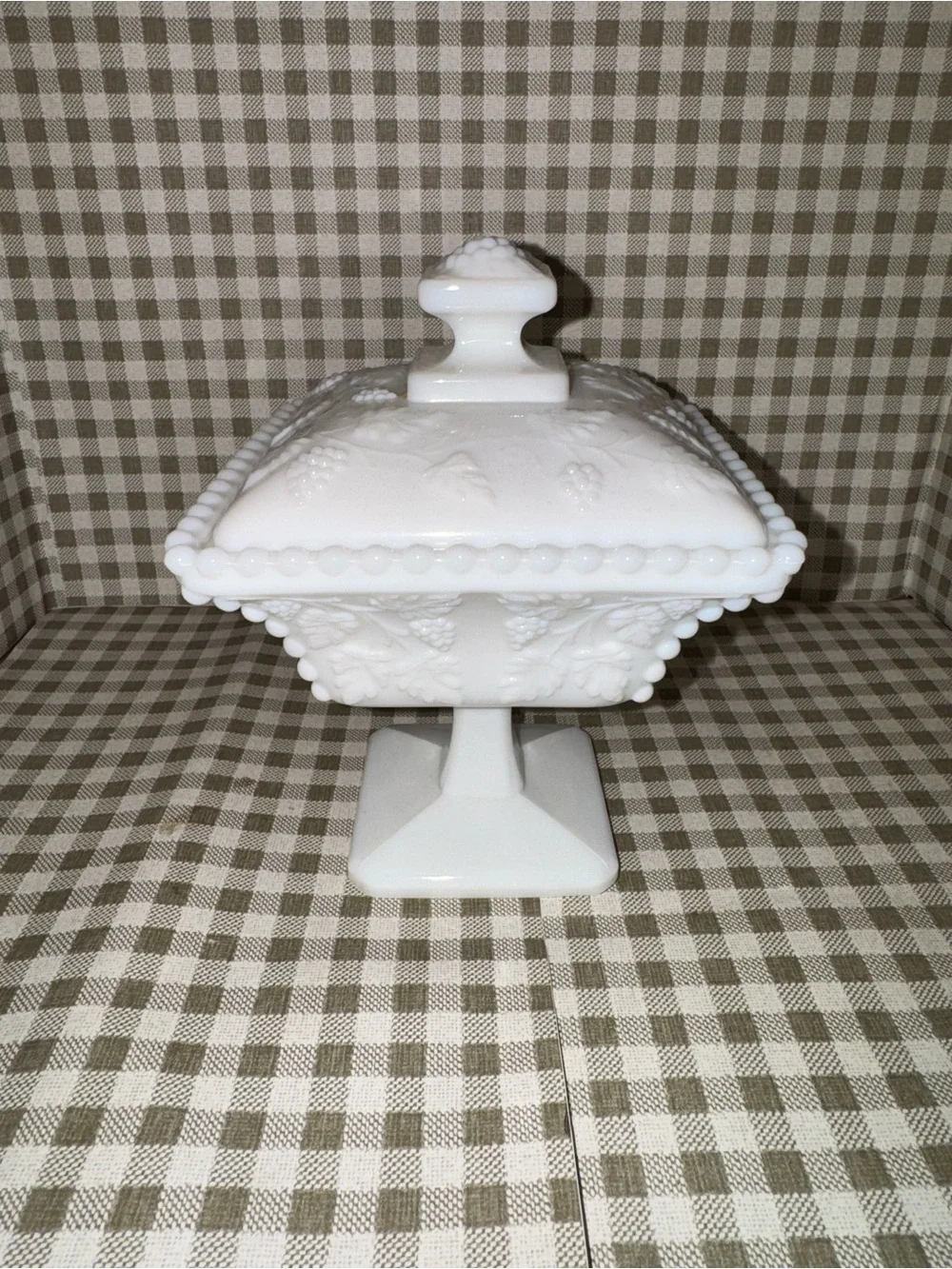 Source Unknown White Milk Glass Covered Compote with Grape Motif